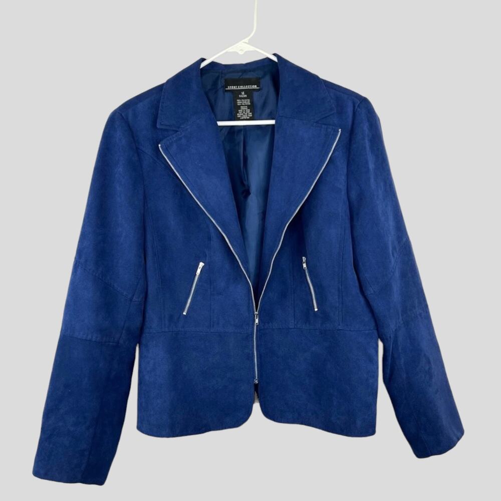 Vintage Sport Collection Paris Faux Suede Moto Blazer Women Size 14 Blue Zippers